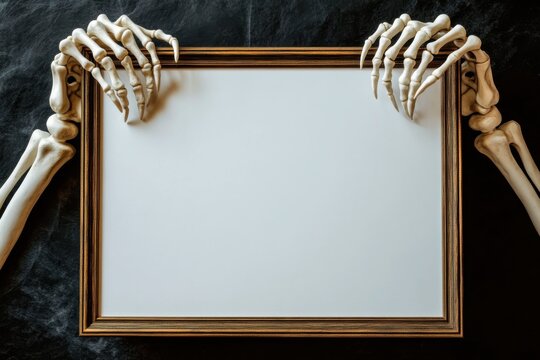 Spooky halloween background with skeleton hands holding vintage frame around empty copy space