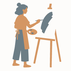 Fototapeta premium Minimalist vector illustration of a female artist with a hair bun wearing an apron, standing while painting on a canvas on a wooden easel and holding an art palette, isolated on white.