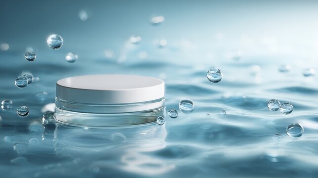 9.Abstract cosmetic showcase with white round stage resting on liquid blue surface, gentle water texture, floating glass-like bubbles, high key lighting, serene spa mood, symmetrical composition