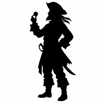 Black silhouette of a pirate captain in profile wearing a bicorne hat and holding a navigational compass, featuring a side-mounted sword and traditional maritime attire on a white background.