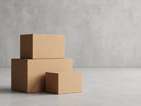 Three stacked cardboard boxes on a light gray concrete floor and wall background.