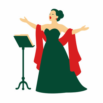 Flat vector illustration of a female opera singer performing in a green strapless gown and red shawl with a music stand on a white background, soprano vocalist singing classical music.