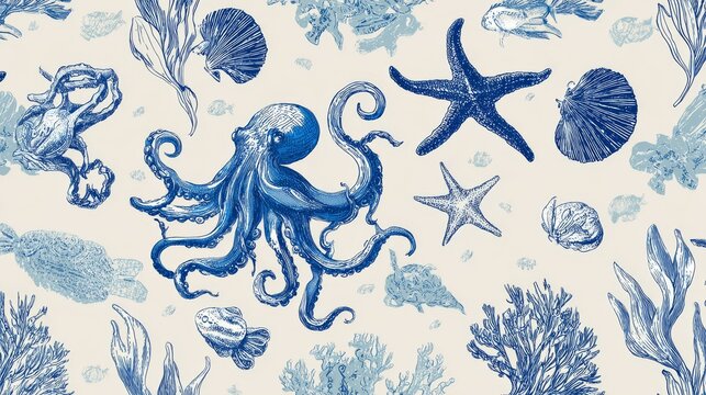 35.Continuous seafood pattern with sketch-style illustrations, playful drawn lines, octopus tentacles, starfish and seaweed included, uniform stroke thickness, tiled layout without visible seams,