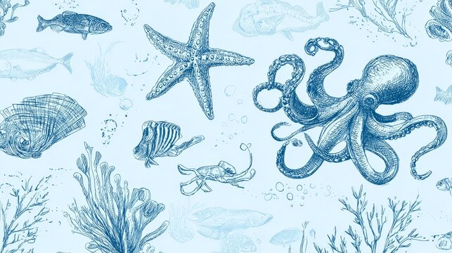 35.Continuous seafood pattern with sketch-style illustrations, playful drawn lines, octopus tentacles, starfish and seaweed included, uniform stroke thickness, tiled layout without visible seams,