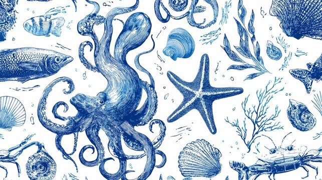 35.Continuous seafood pattern with sketch-style illustrations, playful drawn lines, octopus tentacles, starfish and seaweed included, uniform stroke thickness, tiled layout without visible seams,