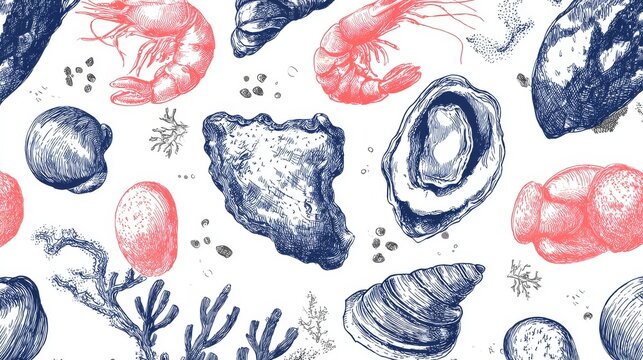 38.Whimsical seafood doodle pattern loop, prawns, oysters, clams and coral shapes illustrated with casual ink strokes, seamless tile effect, airy composition with generous spacing, contemporary