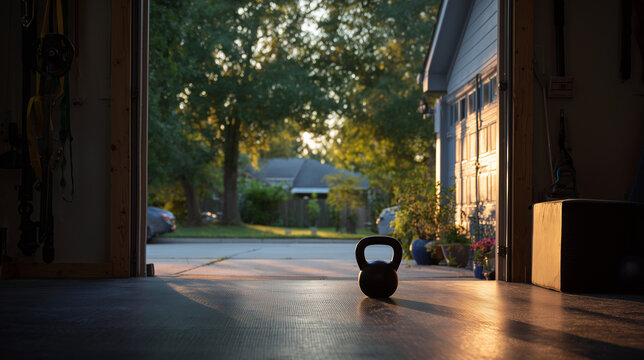 Kettlebell silhouetted on rubber mat in sunlit suburban garage at golden hour