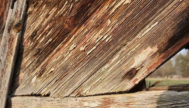 Weathered Wooden Texture with Peeling Paint, Close-Up Detail of Aged Wood Grain
