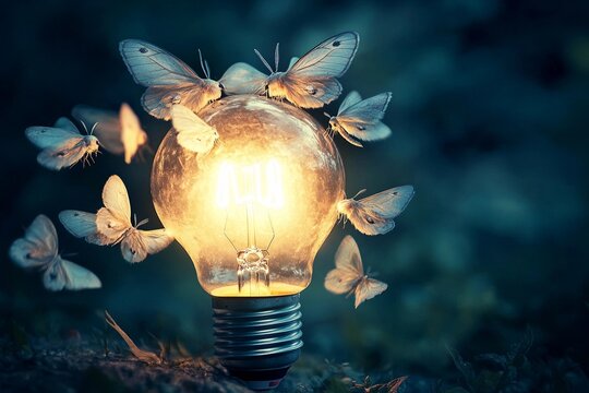 Mesmerizing dance of moths around a glowing light bulb in twilight
