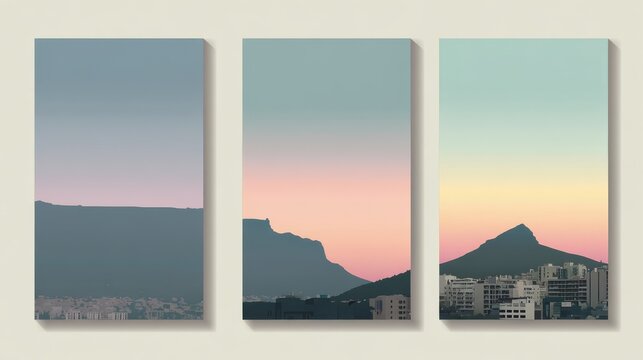 52.Minimalist poster set featuring Table Mountain silhouette against soft gradient sky, flat vector style with clean lines, muted pastel tones, simple foreground cityscape of Cape Town, textured