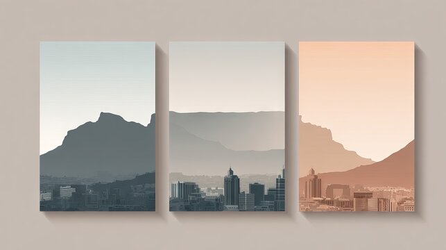 52.Minimalist poster set featuring Table Mountain silhouette against soft gradient sky, flat vector style with clean lines, muted pastel tones, simple foreground cityscape of Cape Town, textured