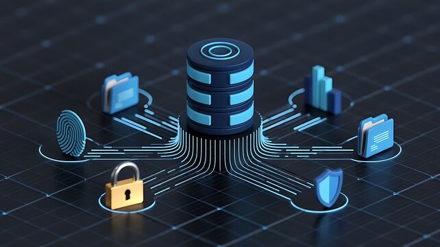 Isometric database server connected to various digital symbols including folders, charts, a padlock, and a fingerprint on a dark grid background