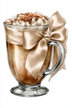 autumn warm coffee drink in glass mug wrapped with elegant ribbon bow watercolor style whipped cream cinnamon holiday beverage cozy festive mocha latte winter hot drink clip art isolated object