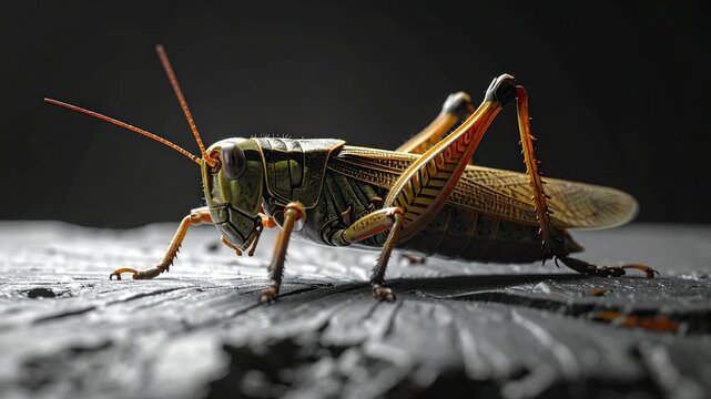 Macro shot of a grasshopper with detailed texture on a weathered surface, dark background