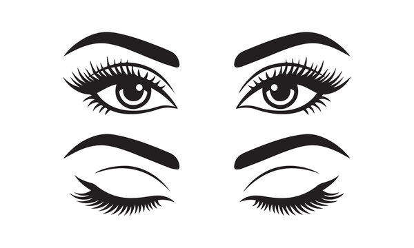 Beautiful Woman Open And Closed Eyes Vector Illustration Set For Makeup.