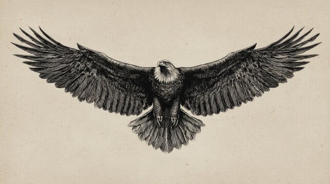 71.Classic animal portrait of eagle soaring, symmetrical wingspan dominating composition, fine line shading on plumage, retro wildlife illustration aesthetic, bold central positioning, timeless
