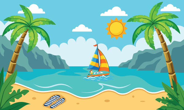 Tropical bay landscape with sailboat between mountains and palm trees vector illustration