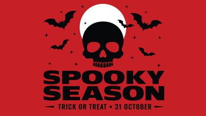 Spooky season halloween poster design with skull, bats, and moon on a red background © Hikari Vector Studio