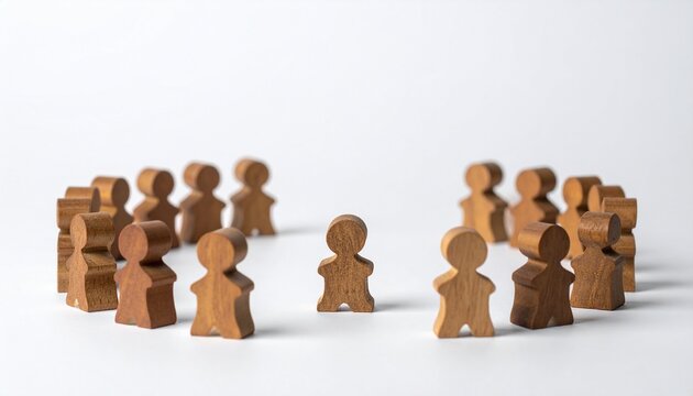 Wooden Peg Figurines Arranged in a Circle Facing a Single Central Figurine Representing Leadership, Teamwork, and Focus Concept