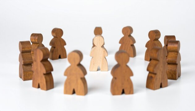 Wooden Peg Figurines Arranged in a Circle Facing a Single Central Figurine Representing Leadership, Teamwork, and Focus Concept