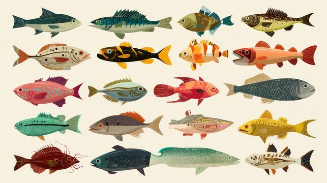 80.Vector set showing multiple seafood fish types from rivers and oceans, clean flat illustration style, geometric simplification of anatomy, arranged in rows with ample spacing, informative yet