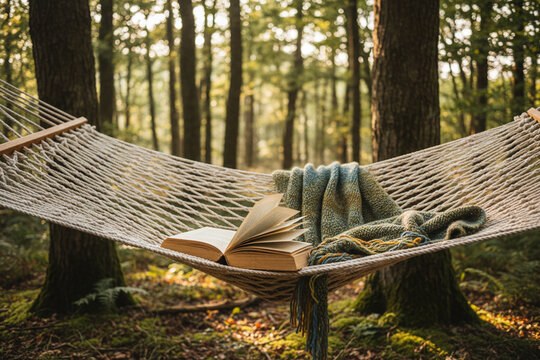 Close-up view of a hammock and a blanket under dappled sunlight 