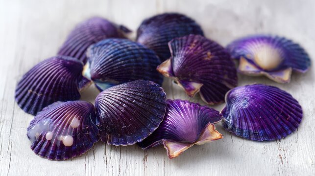 90.Gourmet still life composition with vivid purple scallops grouped on aged white wooden tabletop, shells slightly open showing fresh interior, fine linear textures emphasized, bright yet soft