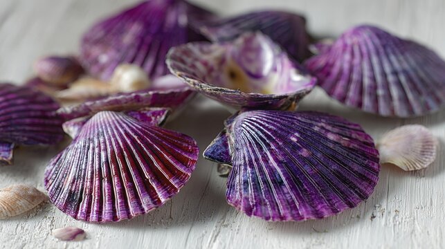 90.Gourmet still life composition with vivid purple scallops grouped on aged white wooden tabletop, shells slightly open showing fresh interior, fine linear textures emphasized, bright yet soft