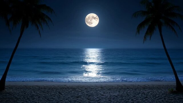 Full moon shining over a tropical beach at night with palm trees in a serene and peaceful atmosphere