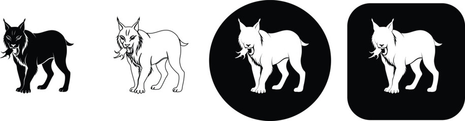 Set of four lynx featuring a wild lynx cat eating in silhouette, line and circular or square badge style © SilhouetteStore