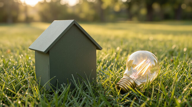 Eco friendly house beside a glowing light bulb representing sustainable living and green energy innovation