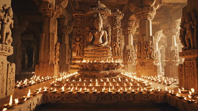 Ancient stone temple interior illuminated by ritual oil lamps.