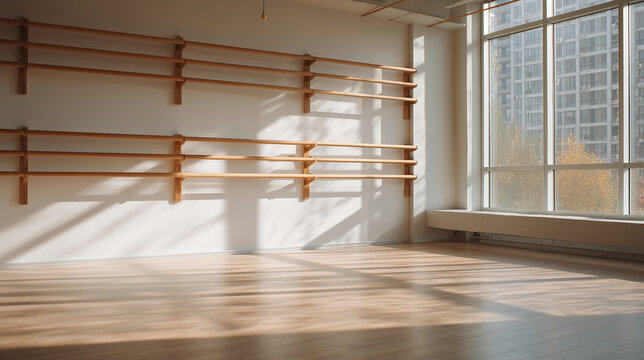 Empty ballet barre studio corner with horizontal wooden bars and sunlit windows in autumn afternoon