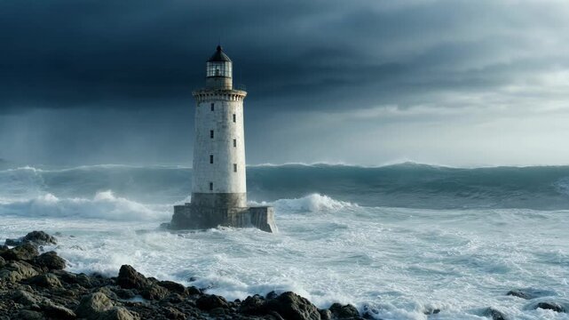 Stormy waves crashing against a white lighthouse in the ocean during a dramatic dark cloudy weather
