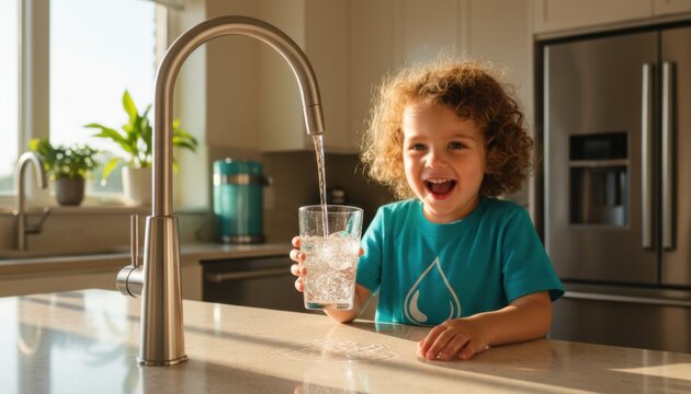 Happy young child stands in a modern kitchen while holding a clear glass under a running faucet to collect clean water for drinking