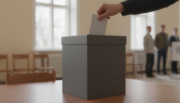 Close up view of a hand placing a paper ballot into an opaque box during a public election process representing civic duty and democracy