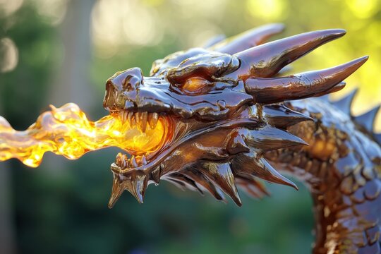 Fantasy dragon head coated in shiny amber syrup breathing hot liquid golden flames