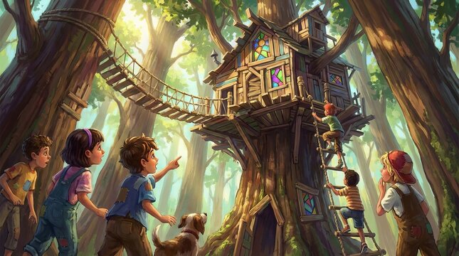 Happy children playing near a treehouse in a lush forest adventure setting