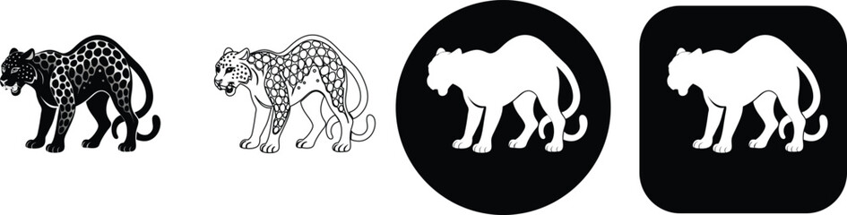 Set of four leopard or panther in black and white showing a wild cat in various styles including silhouette and line © SilhouetteStore