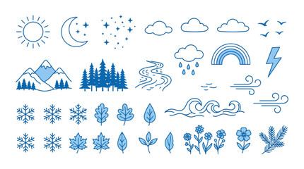 Obraz premium Set of Blue Linear Nature and Weather Icons for Climate and Environmental Design