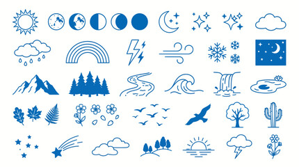 Obraz premium Blue Nature and Weather Line Icon Set for Environmental Design Projects
