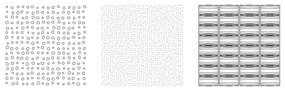 Set of 3 seamless textures with hand drawn pebbles, fine sand stipple and flowing wavy lines, black and white vector pattern collection