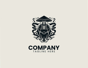 Obraz premium Skeleton pilgrim wearing traditional robe and conical hat black vector logo