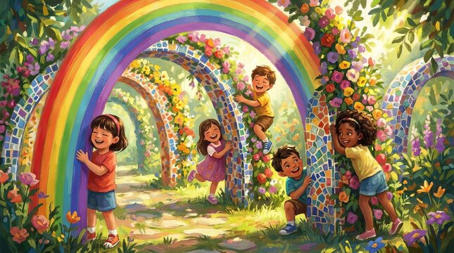 Happy children playing together under a colorful rainbow and flower arches in nature