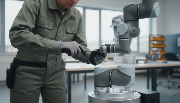 Maintenance engineer adjusting precision sensor module on collaborative robotic arm in bright industrial manufacturing facility