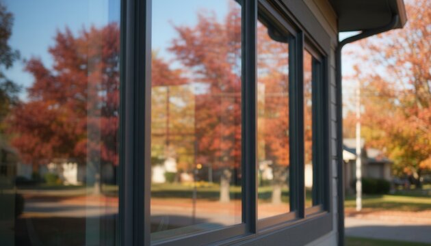 Modern energy efficient window panes on a contemporary home facade reflecting vibrant autumn foliage in a neighborhood setting