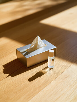 Tissue box tissue nasal spray wooden table sunlight shadow still life minimal clean medical hygene care health home indoor transparent bottle paper dispenser top view copy space bright warm oak