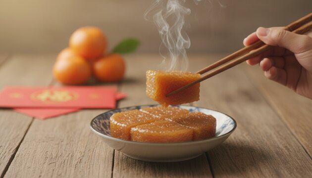 Close up of chopsticks lifting a steaming piece of traditional nian gao during a festive Lunar New Year celebration