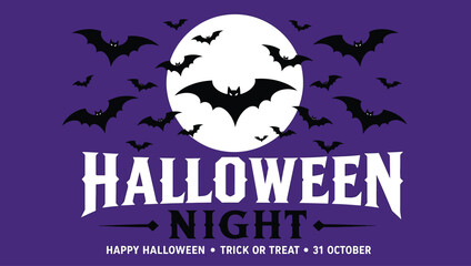 Halloween night background with bats and full moon, spooky holiday banner design with text, vector illustration © Hikari Vector Studio