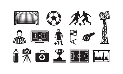 Soccer Football Match Equipment Vector Icon Set With Ball Goal And Players. © shahariea